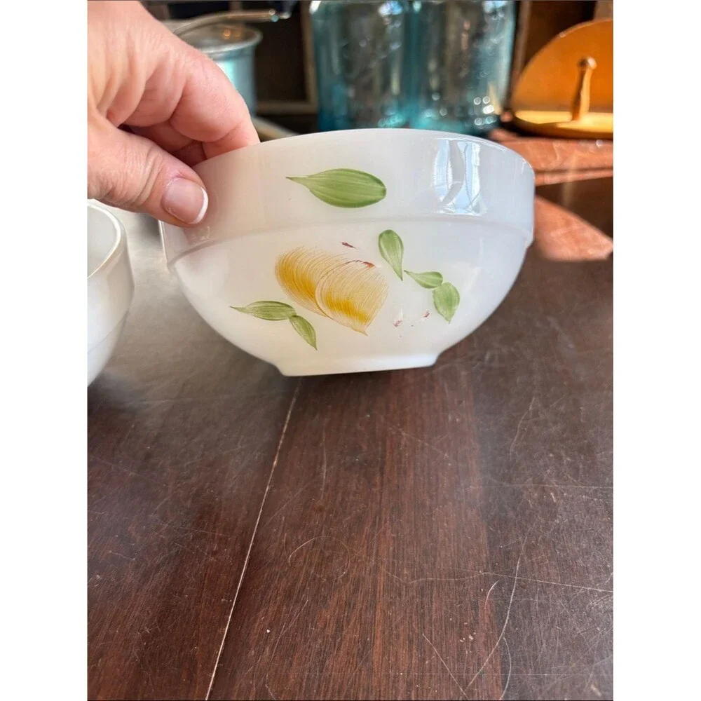 2 Vintage Fire-King milk glass bowls hand-painted fruit design